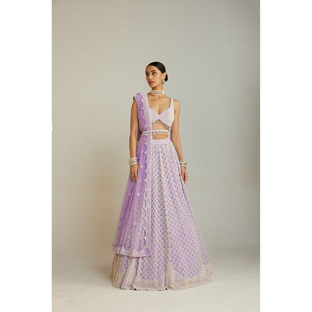 Vvani by Vani Vats Lilac Pearl Drop Lehenga with Embellished Blouse, Dupatta & Belt (Set of 4)