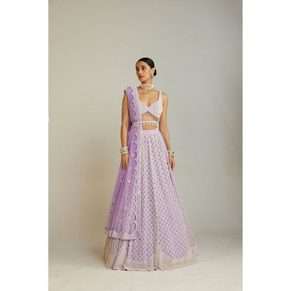 Vvani by Vani Vats Lilac Pearl Drop Lehenga with Embellished Blouse, Dupatta & Belt (Set of 4)