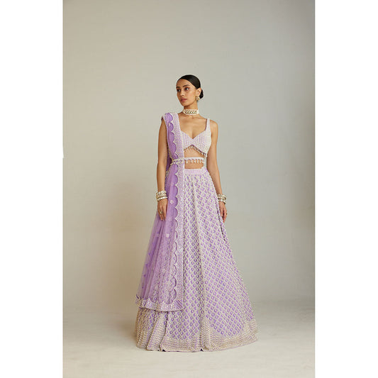Vvani by Vani Vats Lilac Pearl Drop Lehenga with Embellished Blouse, Dupatta & Belt (Set of 4)