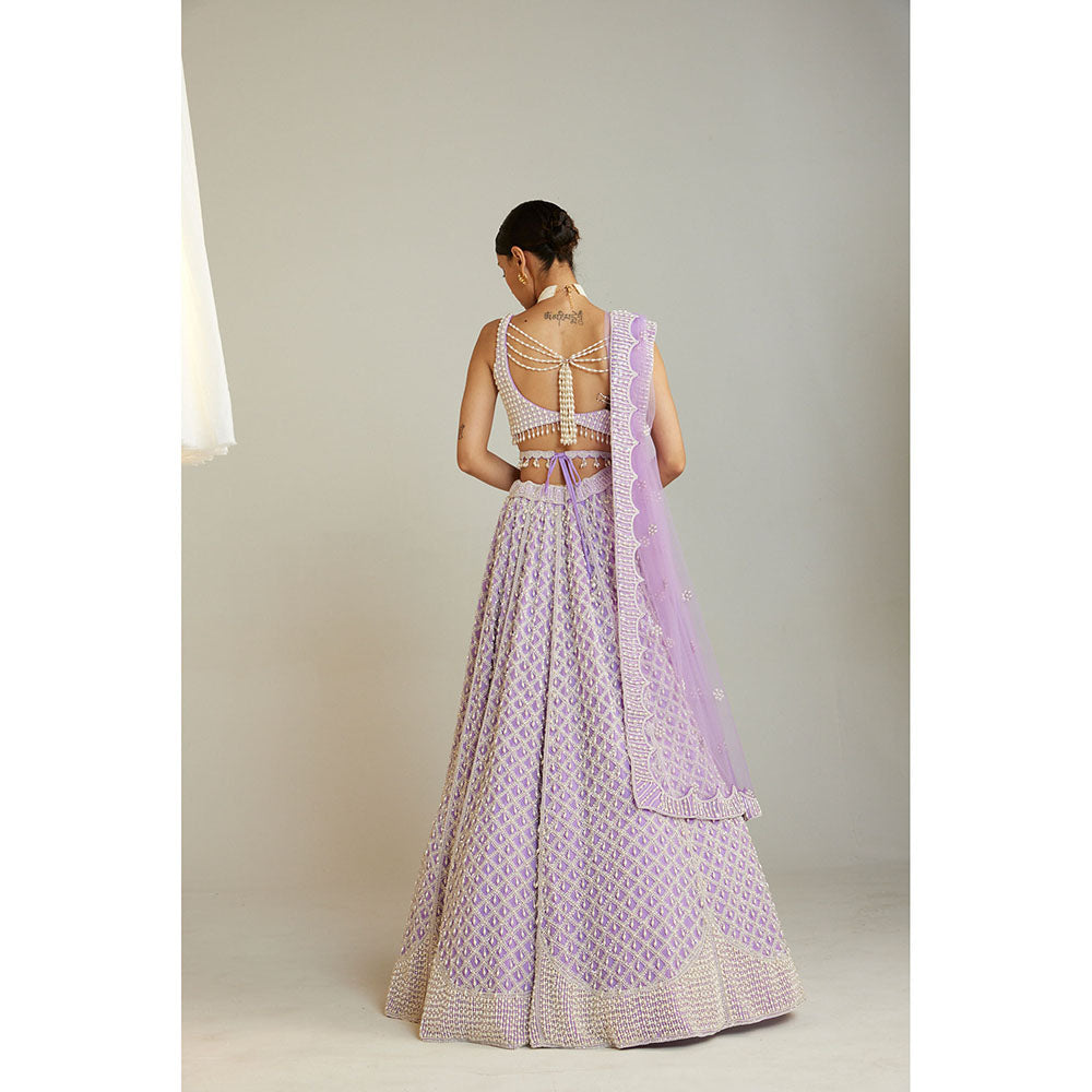 Vvani by Vani Vats Lilac Pearl Drop Lehenga with Embellished Blouse, Dupatta & Belt (Set of 4)