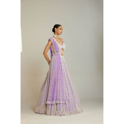 Vvani by Vani Vats Lilac Pearl Drop Lehenga with Embellished Blouse, Dupatta & Belt (Set of 4)