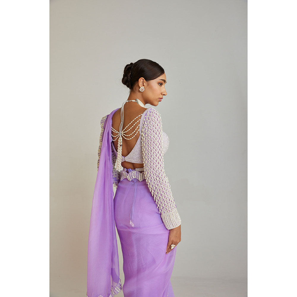 Vvani by Vani Vats Lilac Embellished Saree with Drop Full Sleeves Blouse and Belt
