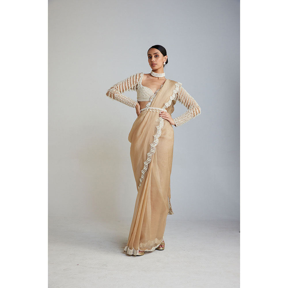 Vvani by Vani Vats Beige Embellished Saree Paired with Drop Stitched Blouse