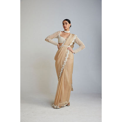 Vvani by Vani Vats Beige Embellished Saree Paired with Drop Stitched Blouse
