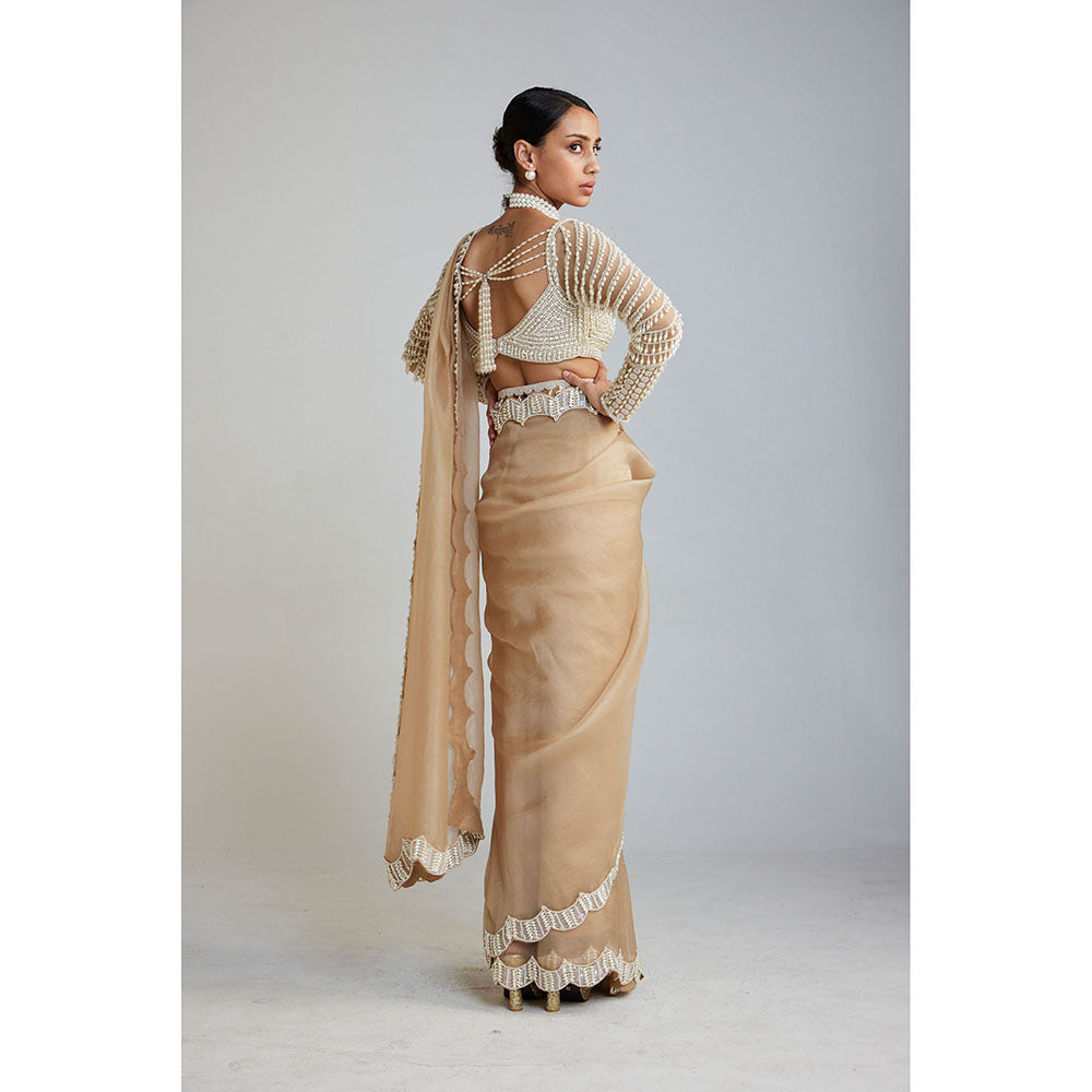 Vvani by Vani Vats Beige Embellished Saree Paired with Drop Stitched Blouse