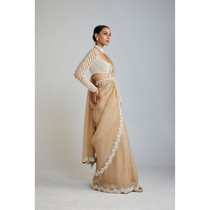 Vvani by Vani Vats Beige Embellished Saree Paired with Drop Stitched Blouse