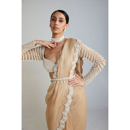 Vvani by Vani Vats Beige Embellished Saree Paired with Drop Stitched Blouse