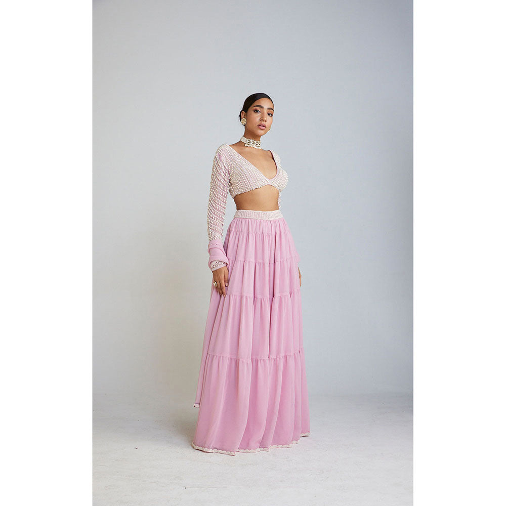 Vvani by Vani Vats Powder Pink Pearl Drop Full Sleeve Blouse with Sharara & Dupatta (Set of 3)