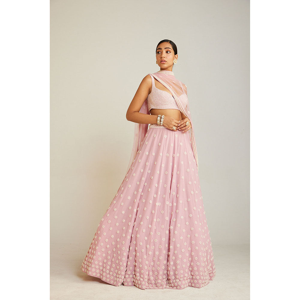Vvani by Vani Vats Powder Pink Pearl Flower Lehenga with Pearl Blouse & Dupatta (Set of 3)