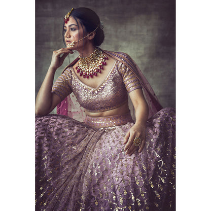 Vvani by Vani Vats Lavender Scallop Blouse with Lehenga & Dupatta (Set of 3)