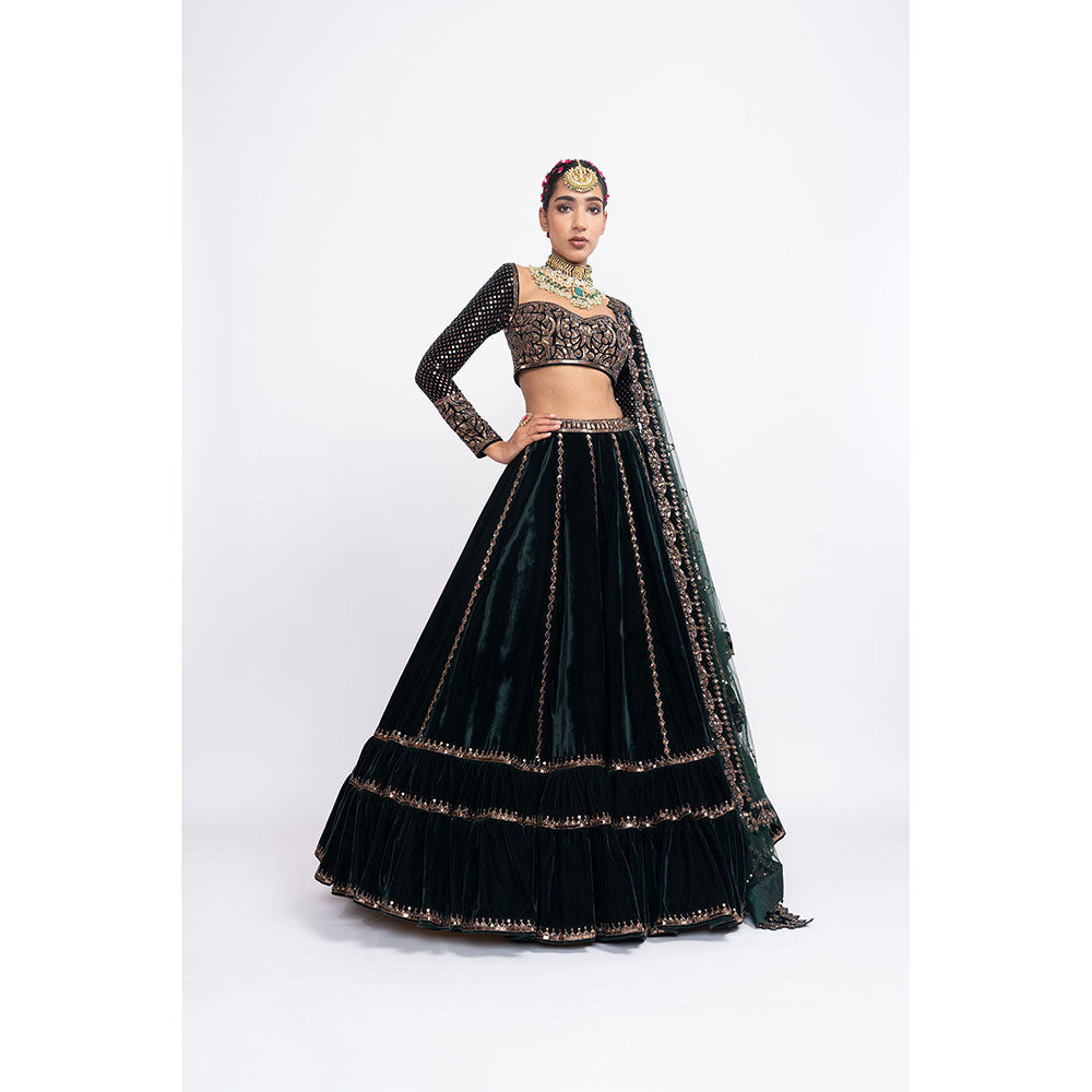 Vvani by Vani Vats Deep Green Double Tier Blouse with Lehenga & Dupatta (Set of 3)