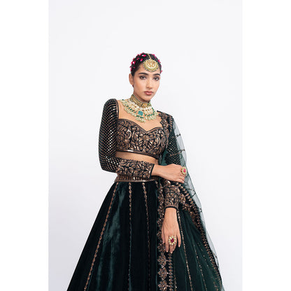 Vvani by Vani Vats Deep Green Double Tier Blouse with Lehenga & Dupatta (Set of 3)