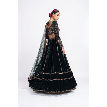 Vvani by Vani Vats Deep Green Double Tier Blouse with Lehenga & Dupatta (Set of 3)
