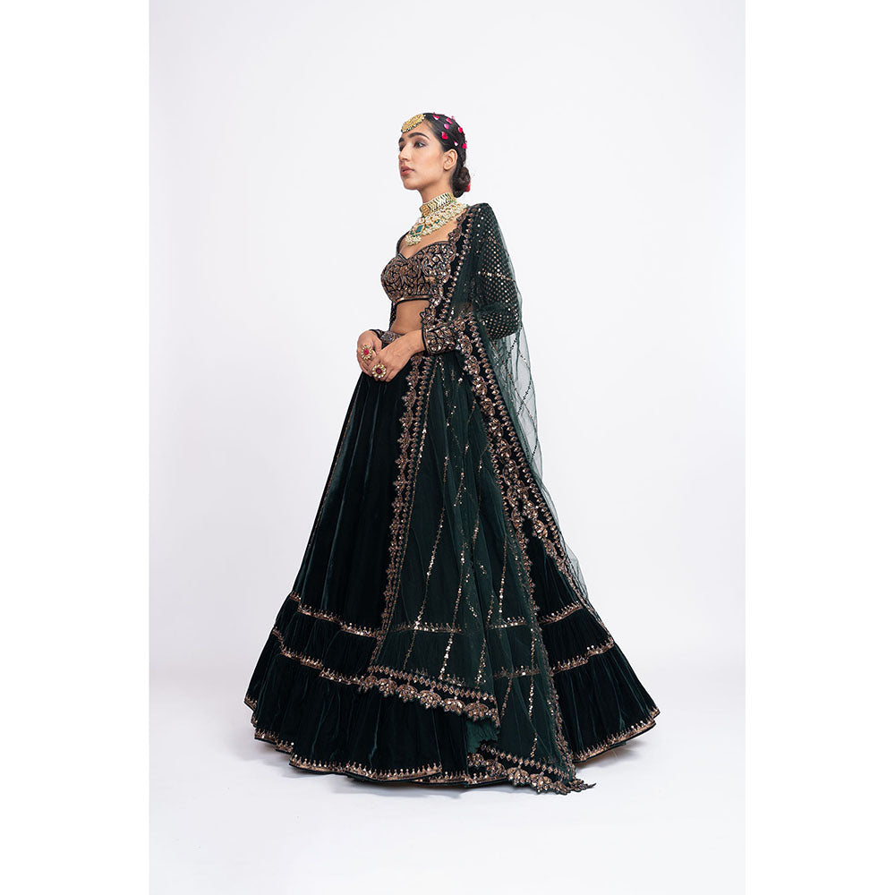 Vvani by Vani Vats Deep Green Double Tier Blouse with Lehenga & Dupatta (Set of 3)