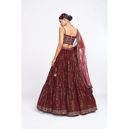 Vvani by Vani Vats Maroon Dense Dot Corset Blouse with Lehenga & Dupatta (Set of 3)