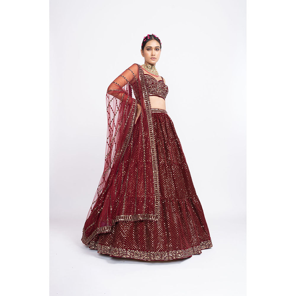 Vvani by Vani Vats Maroon Dense Dot Corset Blouse with Lehenga & Dupatta (Set of 3)