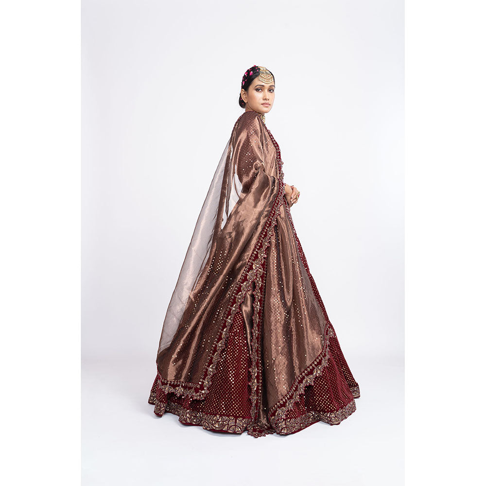 Vvani by Vani Vats Maroon Dense Dot Blouse with Lehenga & Dupatta (Set of 3)