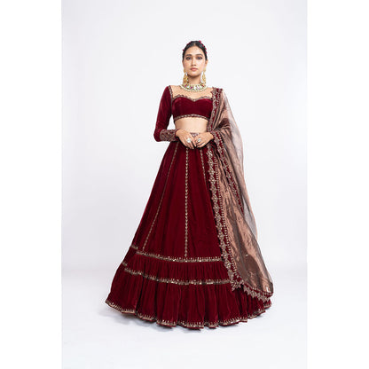 Vvani by Vani Vats Maroon Double Tier Blouse with Lehenga & Dupatta (Set of 3)