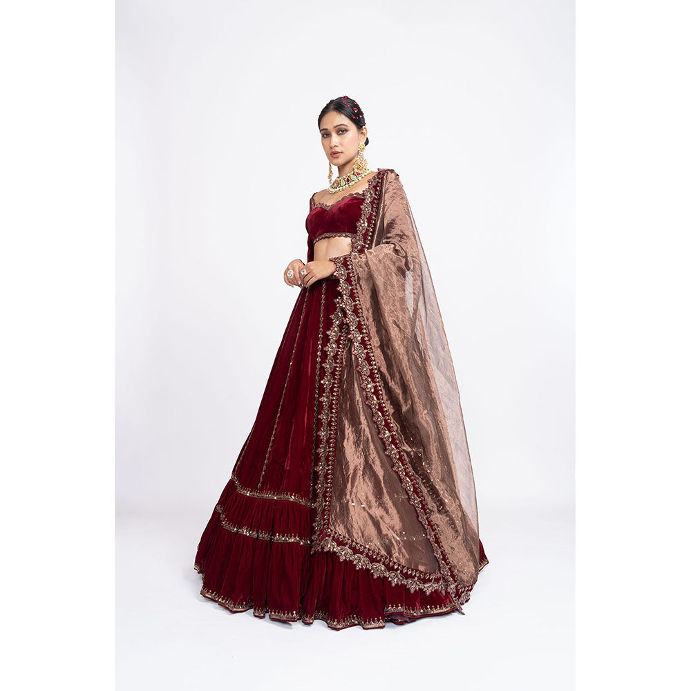 Vvani by Vani Vats Maroon Double Tier Blouse with Lehenga & Dupatta (Set of 3)