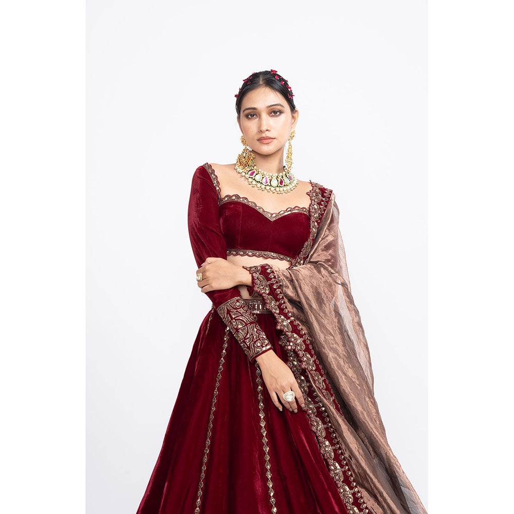 Vvani by Vani Vats Maroon Double Tier Blouse with Lehenga & Dupatta (Set of 3)