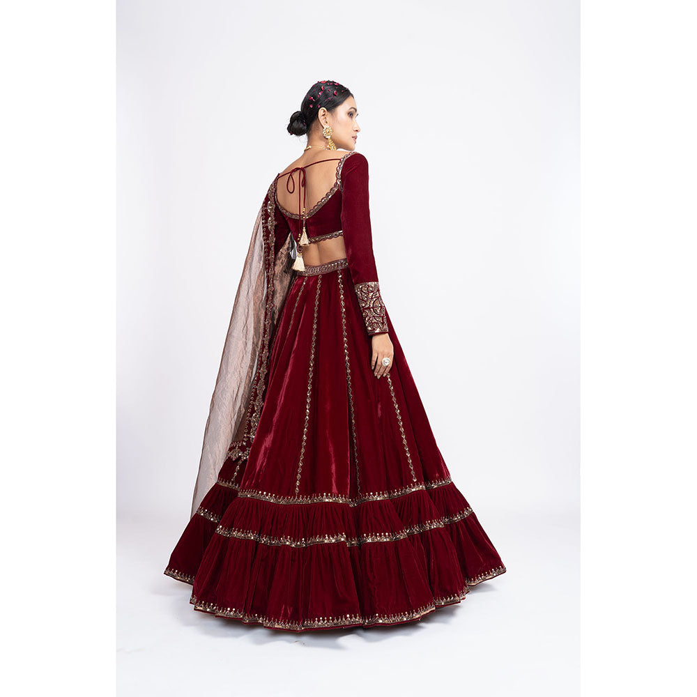 Vvani by Vani Vats Maroon Double Tier Blouse with Lehenga & Dupatta (Set of 3)