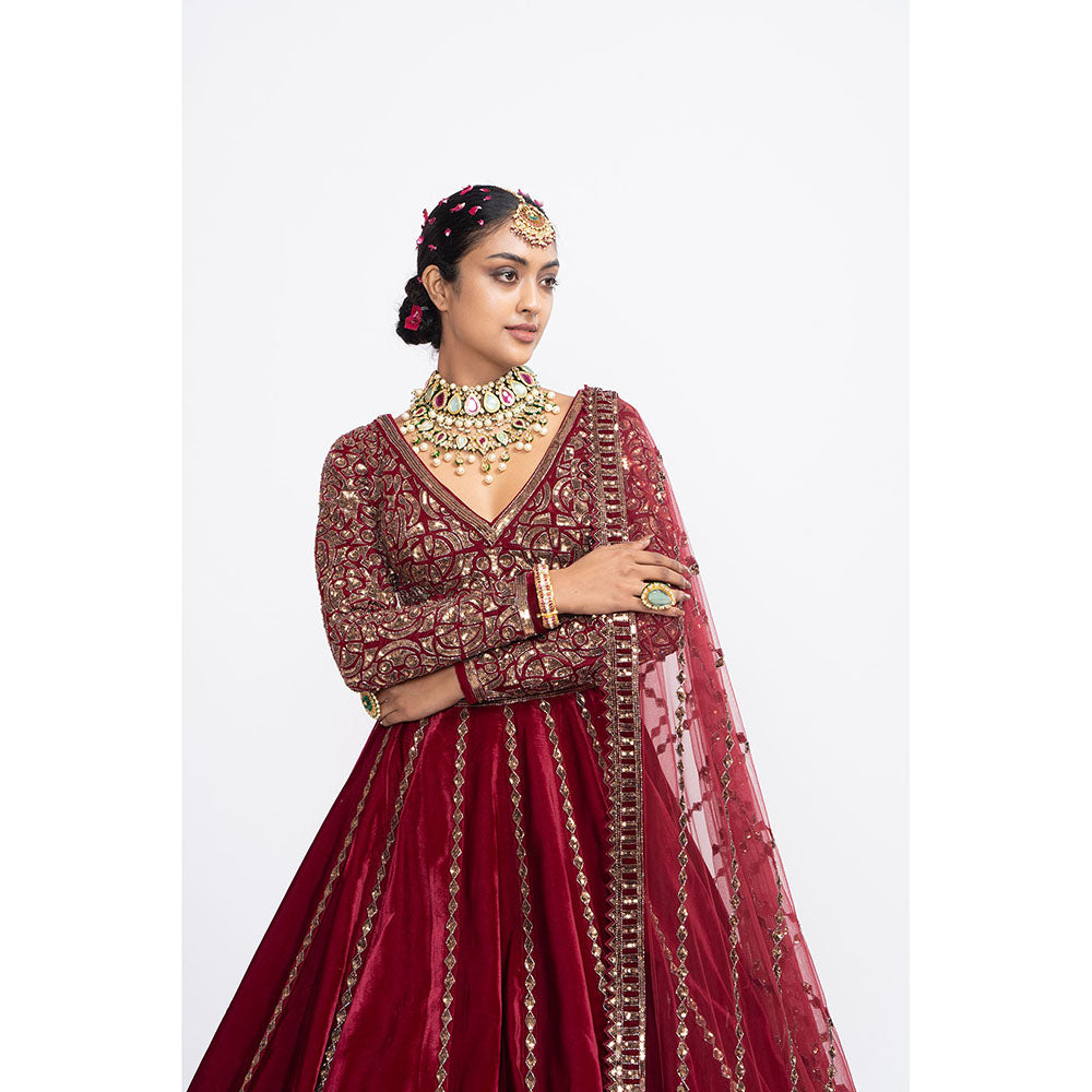 Vvani by Vani Vats Maroon Blouse with Lehenga & Dupatta (Set of 3)