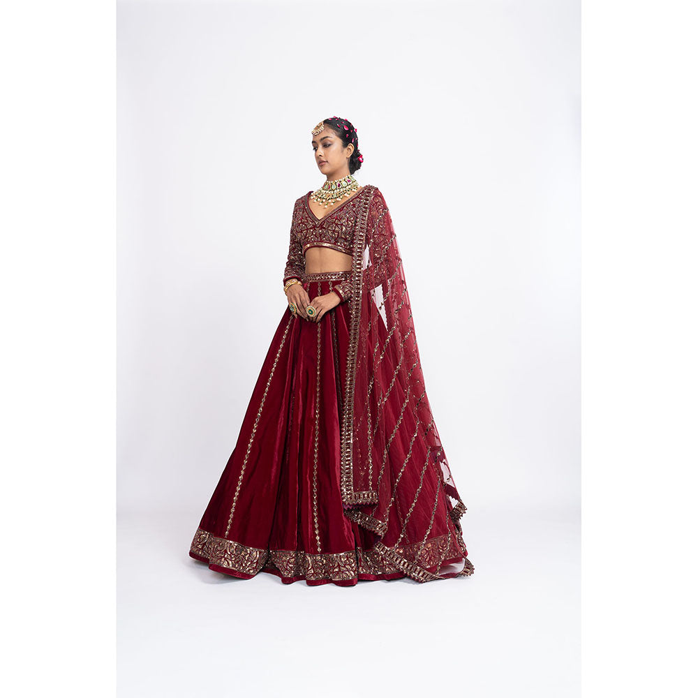Vvani by Vani Vats Maroon Blouse with Lehenga & Dupatta (Set of 3)