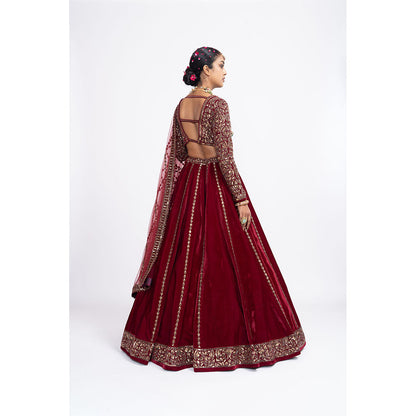 Vvani by Vani Vats Maroon Blouse with Lehenga & Dupatta (Set of 3)