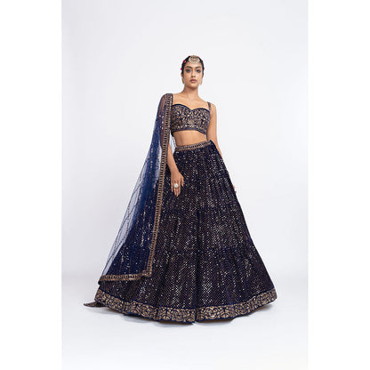 Vvani by Vani Vats Navy Blue Dense Dot Corset Blouse with Lehenga & Dupatta (Set of 3)