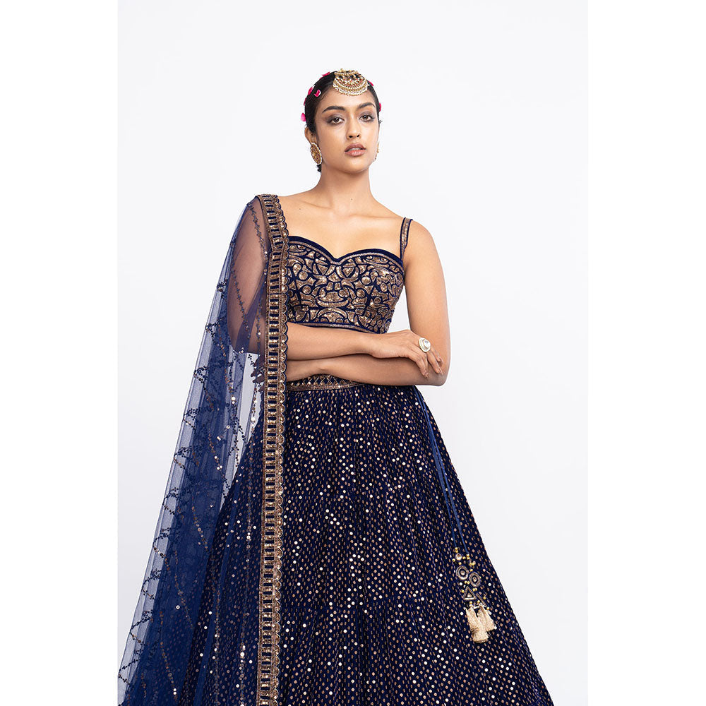 Vvani by Vani Vats Navy Blue Dense Dot Corset Blouse with Lehenga & Dupatta (Set of 3)