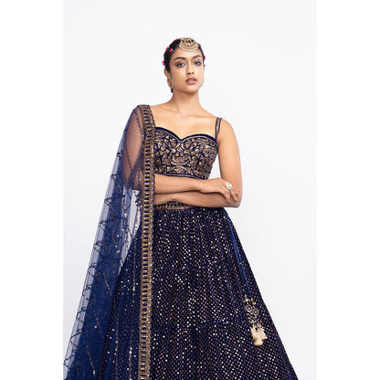 Vvani by Vani Vats Navy Blue Dense Dot Corset Blouse with Lehenga & Dupatta (Set of 3)