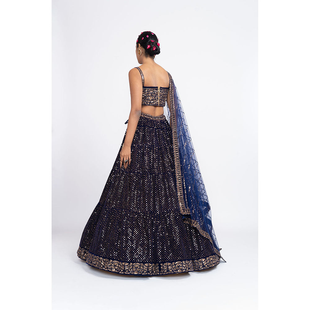Vvani by Vani Vats Navy Blue Dense Dot Corset Blouse with Lehenga & Dupatta (Set of 3)