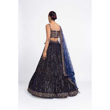 Vvani by Vani Vats Navy Blue Dense Dot Corset Blouse with Lehenga & Dupatta (Set of 3)