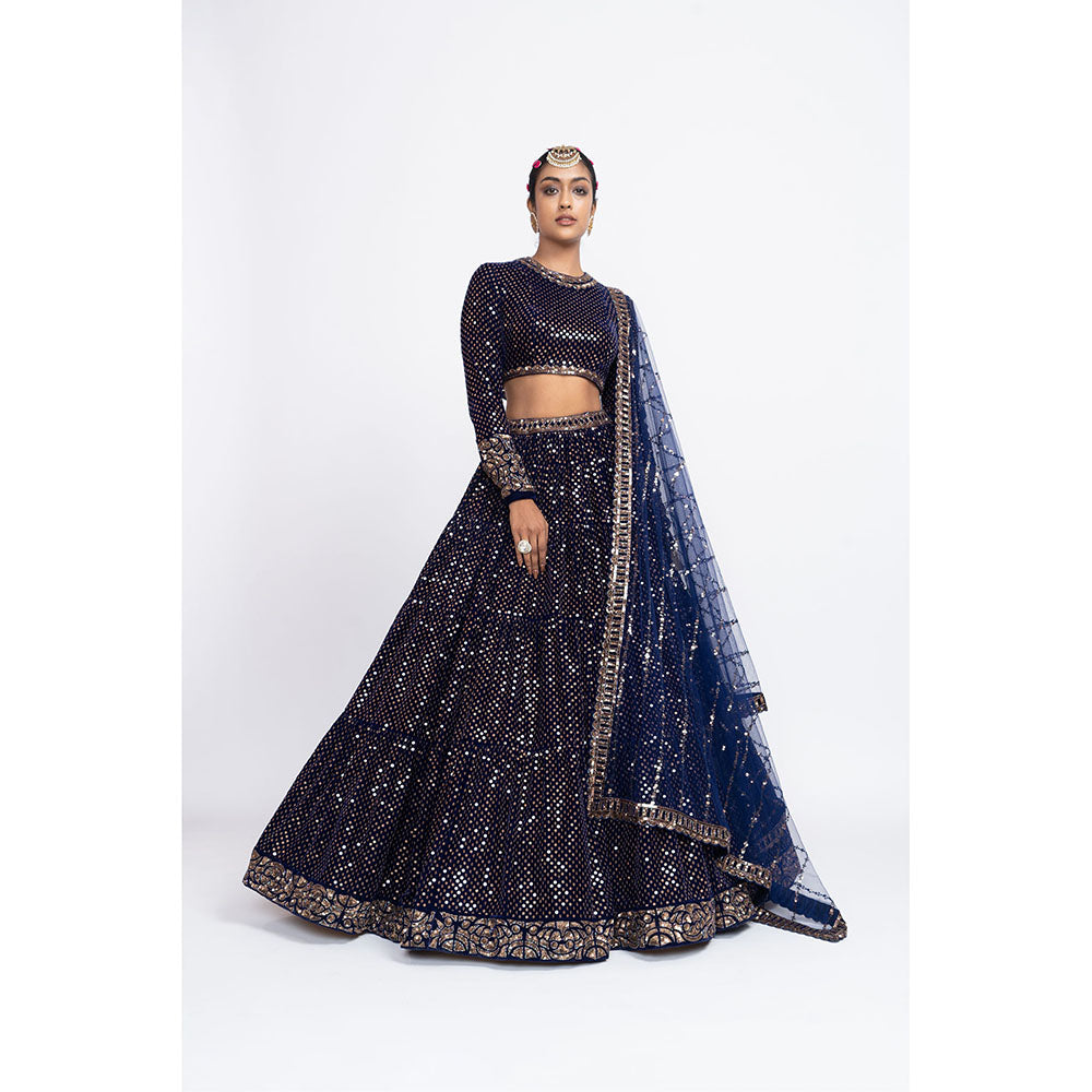 Vvani by Vani Vats Navy Blue Dense Dot Blouse with Lehenga & Dupatta (Set of 3)