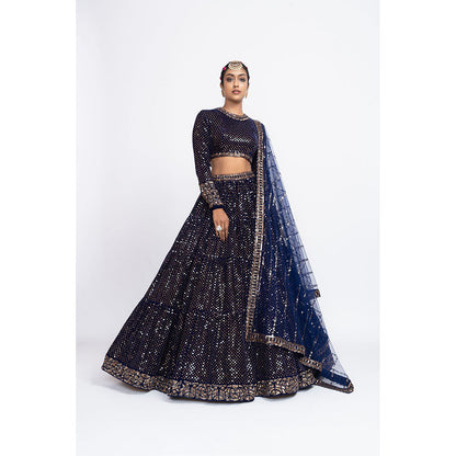 Vvani by Vani Vats Navy Blue Dense Dot Blouse with Lehenga & Dupatta (Set of 3)
