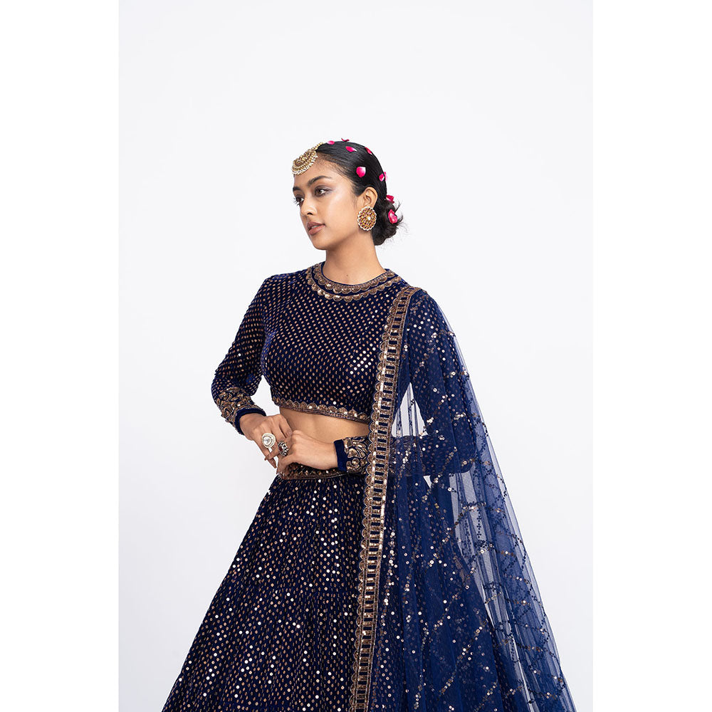 Vvani by Vani Vats Navy Blue Dense Dot Blouse with Lehenga & Dupatta (Set of 3)