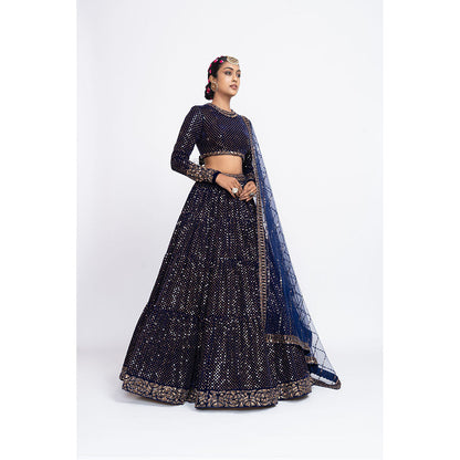 Vvani by Vani Vats Navy Blue Dense Dot Blouse with Lehenga & Dupatta (Set of 3)