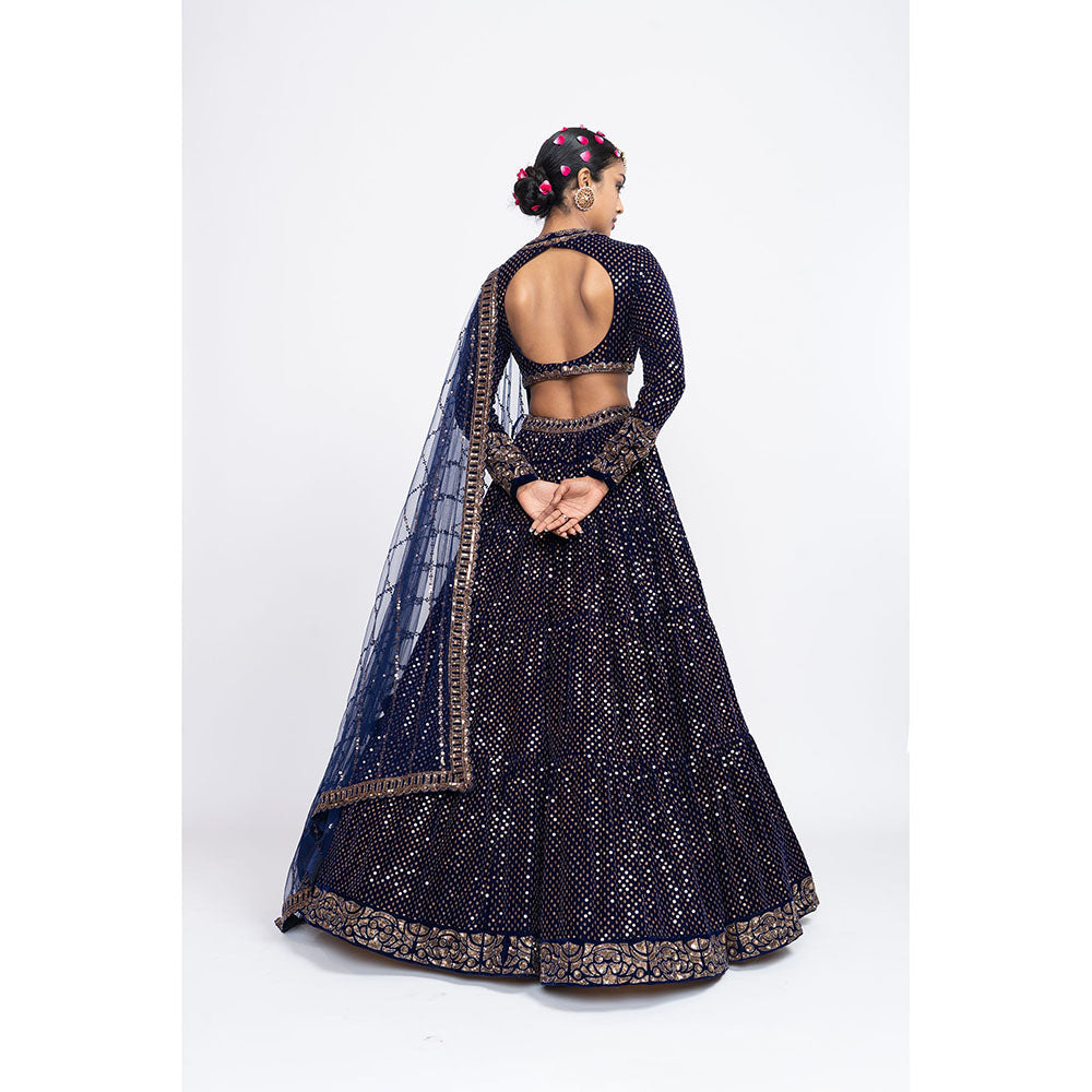 Vvani by Vani Vats Navy Blue Dense Dot Blouse with Lehenga & Dupatta (Set of 3)