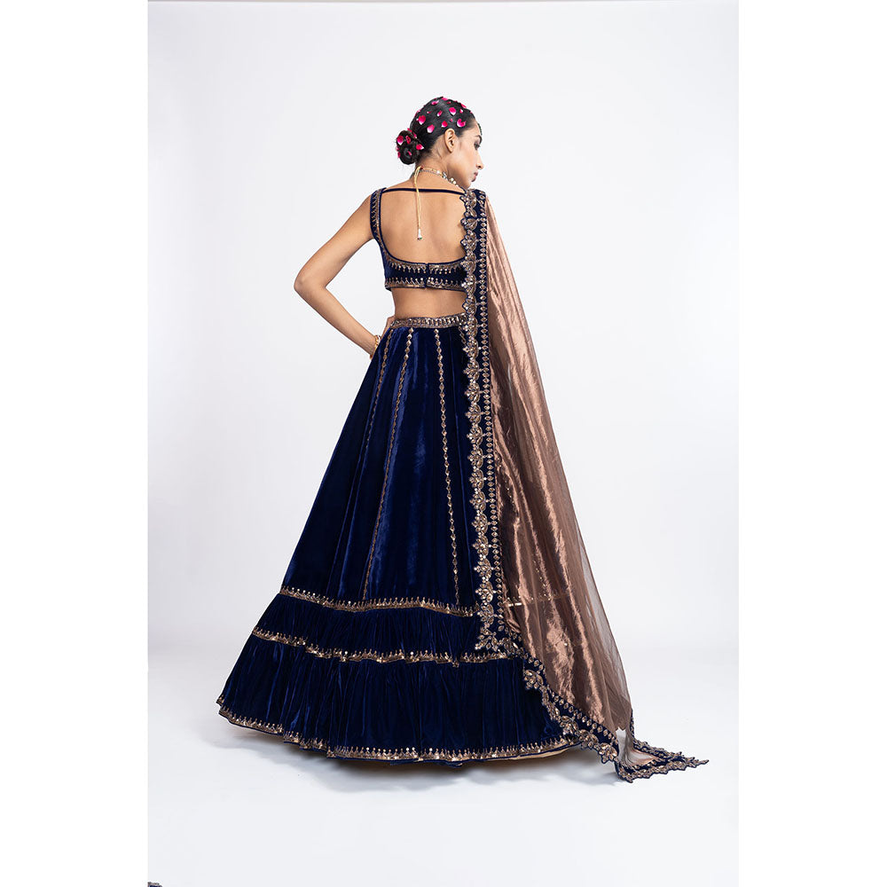 Vvani by Vani Vats Navy Blue Double Tier Blouse with Lehenga & Dupatta (Set of 3)