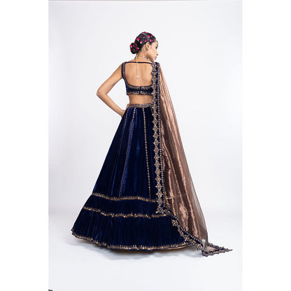Vvani by Vani Vats Navy Blue Double Tier Blouse with Lehenga & Dupatta (Set of 3)