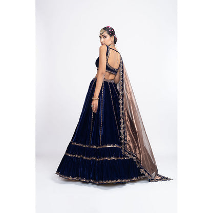 Vvani by Vani Vats Navy Blue Double Tier Blouse with Lehenga & Dupatta (Set of 3)