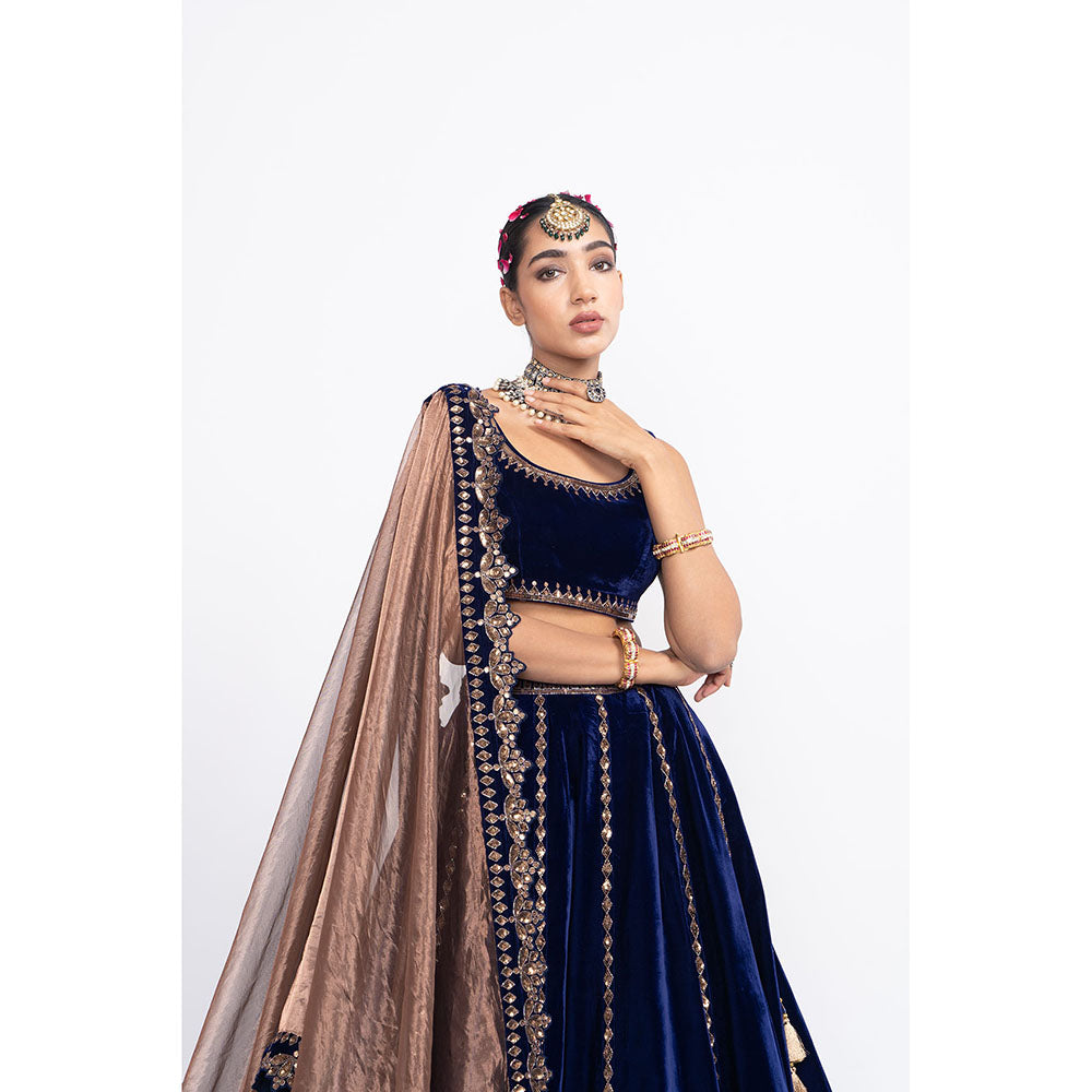 Vvani by Vani Vats Navy Blue Double Tier Blouse with Lehenga & Dupatta (Set of 3)