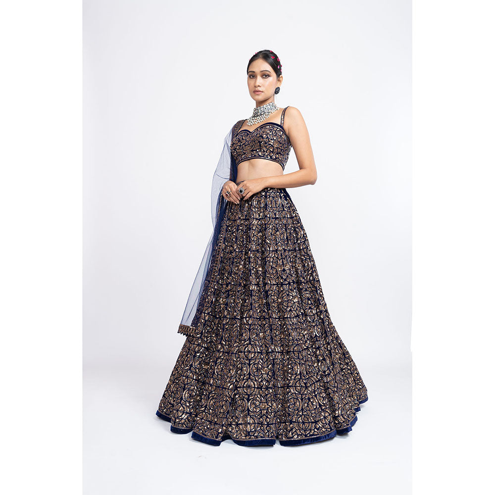 Vvani by Vani Vats Navy Blue Fully Embellished Corset Blouse with Lehenga & Dupatta (Set of 3)