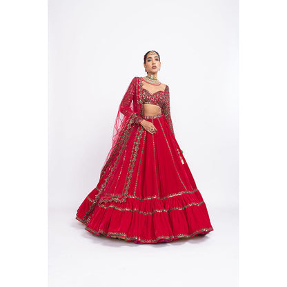Vvani by Vani Vats Red Double Tier Blouse with Lehenga & Dupatta (Set of 3)