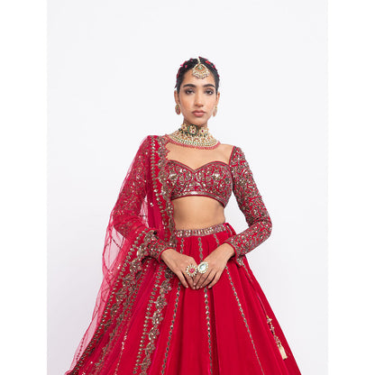 Vvani by Vani Vats Red Double Tier Blouse with Lehenga & Dupatta (Set of 3)