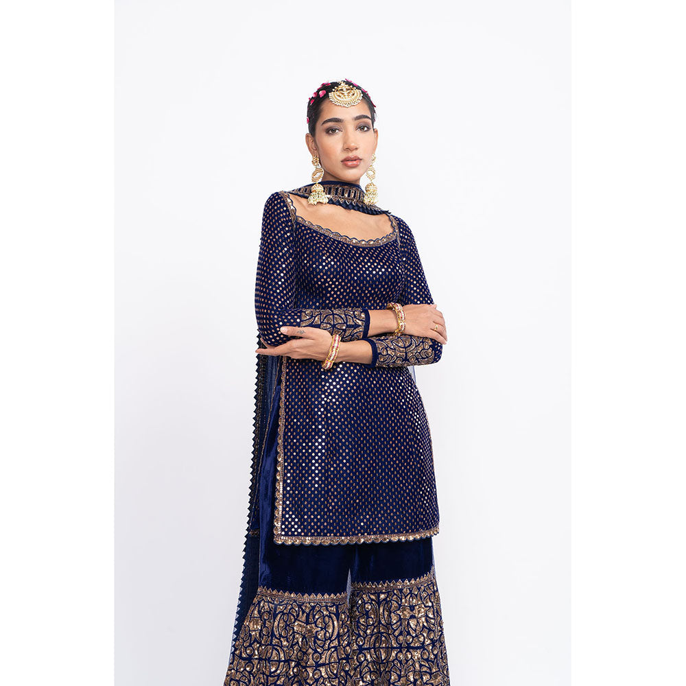 Vvani by Vani Vats Navy Blue Kurti with Sharara & Dupatta (Set of 3)