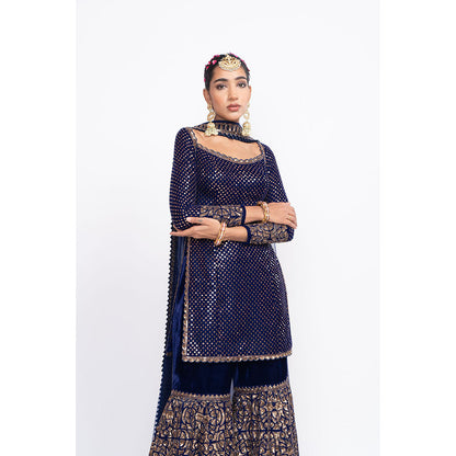 Vvani by Vani Vats Navy Blue Kurti with Sharara & Dupatta (Set of 3)