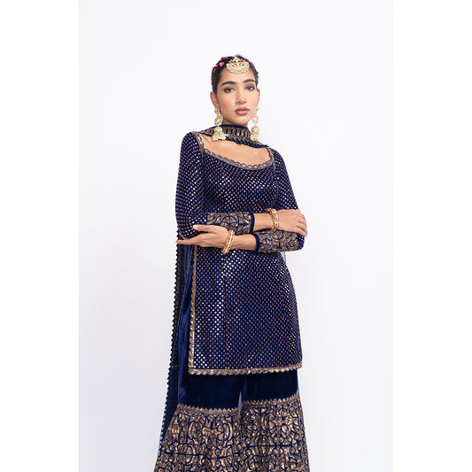 Vvani by Vani Vats Navy Blue Kurti with Sharara & Dupatta (Set of 3)