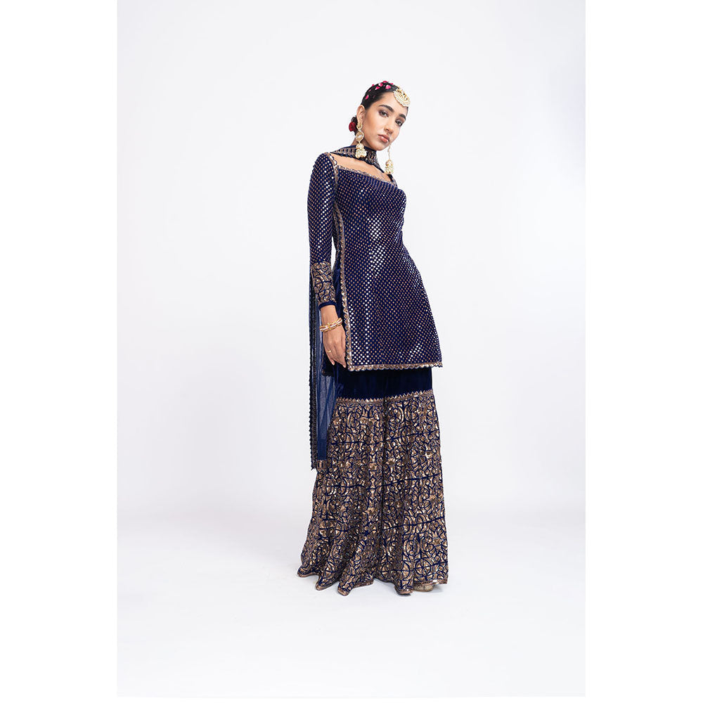 Vvani by Vani Vats Navy Blue Kurti with Sharara & Dupatta (Set of 3)