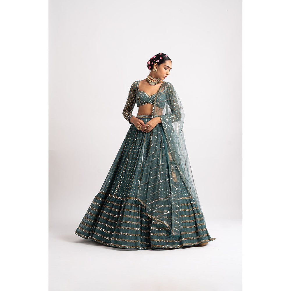 Vvani by Vani Vats Mud Green Single Tier Blouse with Lehenga & Dupatta (Set of 3)